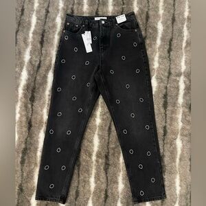 Topshop Alien Rhinestone Mom Jeans Black Cropped High Rise Skinny